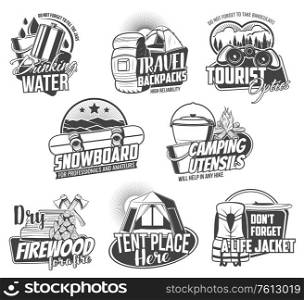 Travel tourism and camping vector icons. Travel symbols with water jar, cooking bowl, tent and firewood, ax and binoculars. Monochrome vintage icons of hiking club, travel activity and tourism. Travel tourism and camping vector icons