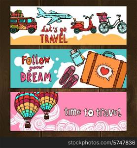Travel tourism and vacation hand drawn horizontal colored banners set isolated on wooden background vector illustration