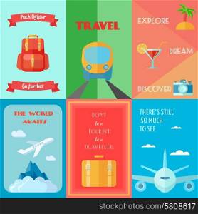 Travel tourism and vacation mini poster set isolated vector illustration. Travel Poster Set