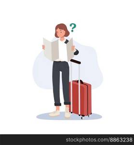 Travel, tourism concept. Confused woman traveler hold paper map and getting confuse. female tourist check way on paper plan. Flat vector illustration