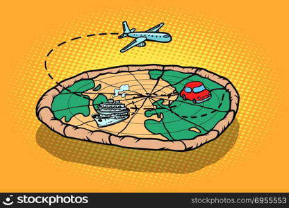 Travel tourism concept, pizza planet earth and transport. Comic book cartoon pop art retro vector illustration. Travel tourism concept, pizza planet earth and transport