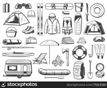 Travel tourism equipment isolated vector icons set. Fishing, hiking and camping tools snowboard and skis, travel trailer and tent, axe, boat, backpack and fishery gear, campfire and sleeping bag, van. Travel and tourism equipment isolated vector icons