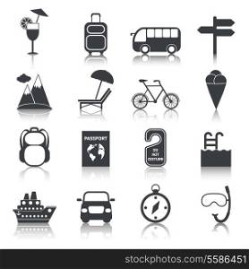 Travel tourism holiday vacation black icons set of cocktail suitcase bus isolated vector illustration