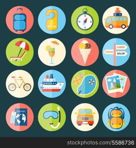 Travel tourism holiday vacation flat icons set of compass ice cream ship isolated vector illustration