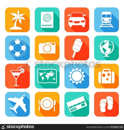 Travel tourism holiday vacation flat icons set of map cocktail passport isolated vector illustration