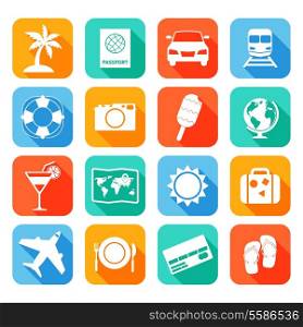 Travel tourism holiday vacation flat icons set of map cocktail passport isolated vector illustration