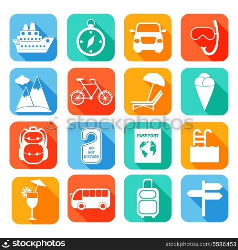 Travel tourism holiday vacation flat icons set of ship compass car isolated vector illustration