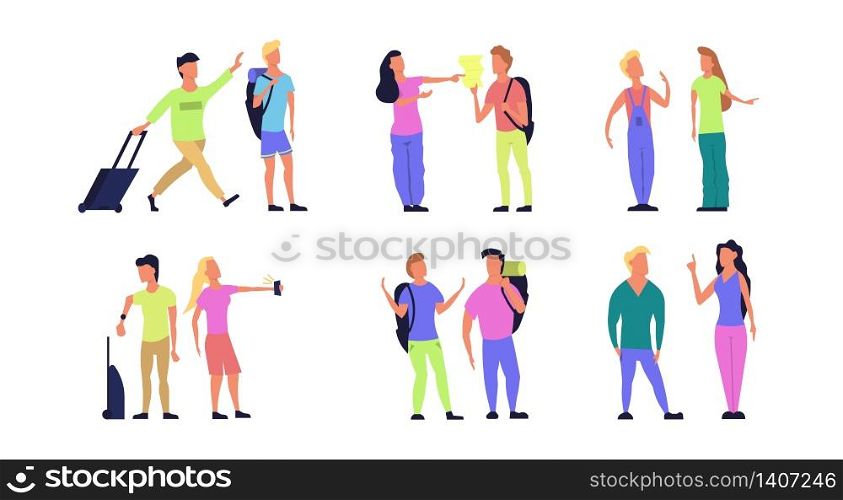 Travel tourist vector people flat illustration. Character vacation journey set. Couple trip icon adventure with backpack, phone. Happy summer element concept. Holiday collection isolated man and woman