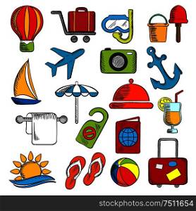 Travel, trip and leisure icons set with airplane and luggage, passport and sun, sea and hotel service, yacht and anchor, cocktail and hot air balloon, beach umbrella and toys, photo camera and diving mask. Travel, trip and leisure icons