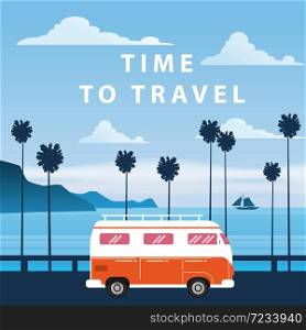 Travel, trip vector illustration. Sunset, ocean, sea, seascape Surfing van bus on road palm beach. Travel, trip vector illustration. Sunset, ocean, sea, seascape. Surfing van, bus on road palm beach. Summer holidays. Palm background on road trip, retro, vintage. Tourism concept, cartoon style, isolated