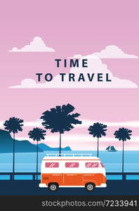 Travel, trip vector illustration. Sunset, ocean, sea, seascape Surfing van bus on road palm beach. Travel, trip vector illustration. Sunset, ocean, sea, seascape. Surfing van, bus on road palm beach. Summer holidays. Palm background on road trip, retro, vintage. Tourism concept, cartoon style, isolated