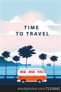 Travel, trip vector illustration. Sunset, ocean, sea, seascape Surfing van bus on road palm beach. Travel, trip vector illustration. Sunset, ocean, sea, seascape. Surfing van, bus on road palm beach. Summer holidays. Palm background on road trip, retro, vintage. Tourism concept, cartoon style, isolated