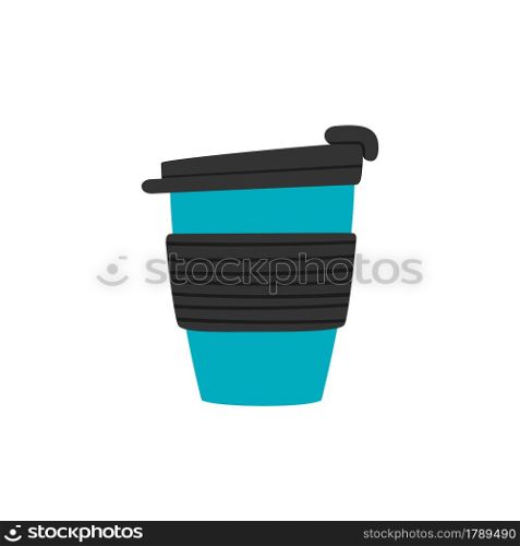 Travel tumbler with cap. Reusable cup, thermo mugs. Designs of thermos for take away coffee. Vector illustration isolated in flat and cartoon style on white background.. Travel tumbler with cap. Reusable cup, thermo mugs. Designs of thermos for take away coffee. Vector illustration isolated in flat and cartoon style on white background