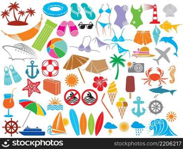 Travel vacation and summer icons  hammock, swimsuit, bikini, palm, hibiscus flower, straw umbrella, cocktail, lighthouse, anchor, lifesaver, starfish, ice cream, compass, rudder 