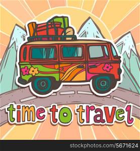 Travel vacation poster with retro bus on mountain road background vector illustration