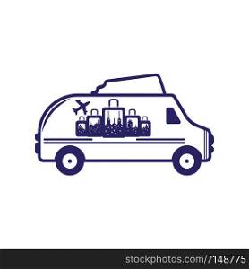 Travel van vector logo design. Van life concept. Blue camper in movement.