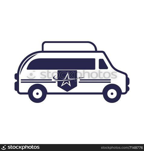 Travel van vector logo design. Van life concept. Blue camper in movement.