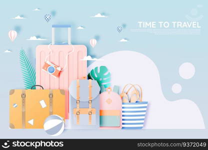 Travel various items in paper art style with pastel color scheme background vector illustration