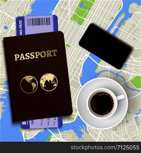 Travel vector concept. Top view coffee, map and passport with tickets. Illustration of vacation and travel, tourism and trip. Travel vector concept. Top view coffee, map and passport with tickets