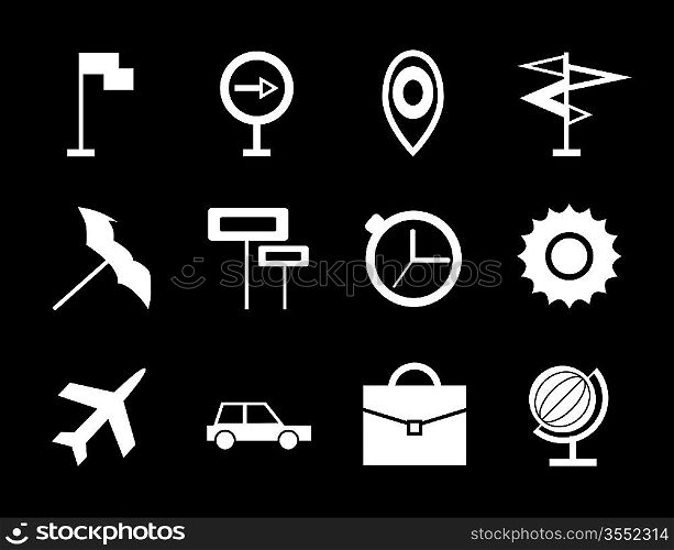 Travel vector icon set. Isolated on black