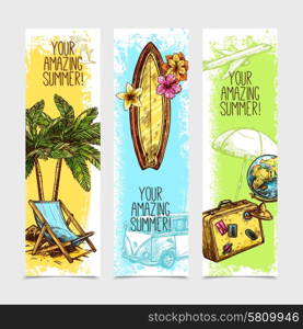 Travel vertical banner set with sketch palm surfing board and suitcase isolated vector illustration. Travel Banner Set