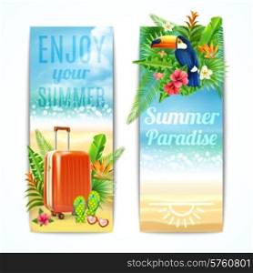 Travel vertical banners set with vacation suitcase exotic leaves and toucan bird isolated vector illustration. Travel Banners Set