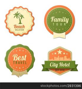Travel Vintage Labels logo template collection. Tourism Stickers Retro style. Beach, Family tour, City Hotel badge icons. Vector. Editable.