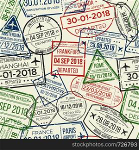 Travel visa airport stamps seamless pattern. Traveling document, vise to UK China France Canada or grunge passport rubber stamp colorful red green gray blue patterns vector background collection. Travel visa airport stamps seamless pattern. Traveling document, vise or passport rubber stamp patterns vector background