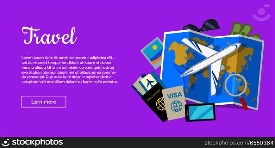 Travel web banner. Aircraft, suitcase with luggage, world map, air tickets, passport, visa, phone, money, sunglasses, magnifier flat vectors. For travel agency airline company landing page design. Travel Conceptual Flat Style Vector Web Banner . Travel Conceptual Flat Style Vector Web Banner