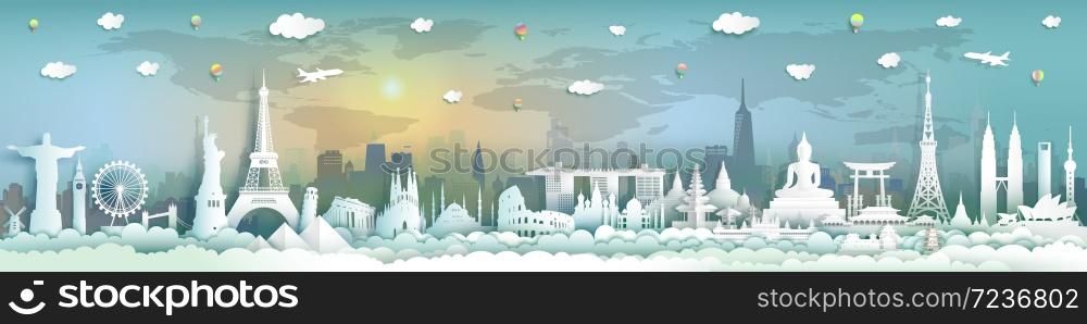 Travel with airplane and balloon, Tourism landmarks world with city background, Travel with sunrise sunset panoramic landscape,Paper cut style, Use for travel poster and postcard.Vector illustration.