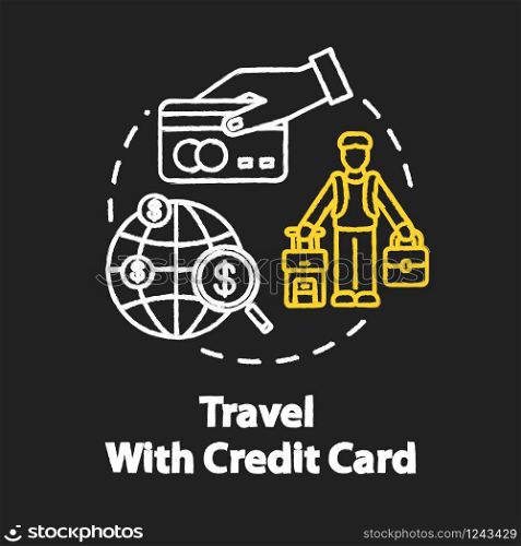 Travel with credit card chalk RGB color concept icon. Bonus system for tourists, money saving idea. Free mileage and baggage checks. Vector isolated chalkboard illustration on black background