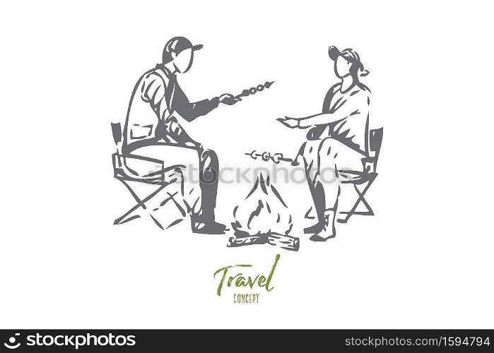 Travel with family concept sketch. Roasting marshmallows. Sitting around c&fire with significant other. Coming to nature to relax. Summertime couple c&ing trip. Isolated vector illustration. Travel with family concept sketch. Isolated vector illustration