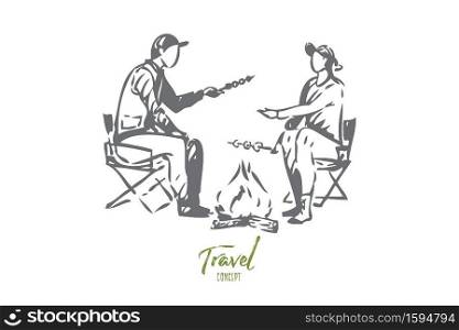 Travel with family concept sketch. Roasting marshmallows. Sitting around c&fire with significant other. Coming to nature to relax. Summertime couple c&ing trip. Isolated vector illustration. Travel with family concept sketch. Isolated vector illustration
