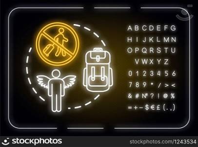 Travel without luggage neon light concept icon. Budget tourism, no baggage fee expenses idea. Outer glowing sign with alphabet, numbers and symbols. Vector isolated RGB color illustration