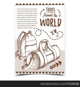 Travel World Advertising Poster With Bags Vector. Modern Luggage And Bags With Ropes For Trip Accessories, Shoes And Clothes. Tourism Sport Equipment Designed In Retro Style Monochrome Illustration. Travel World Advertising Poster With Bags Vector