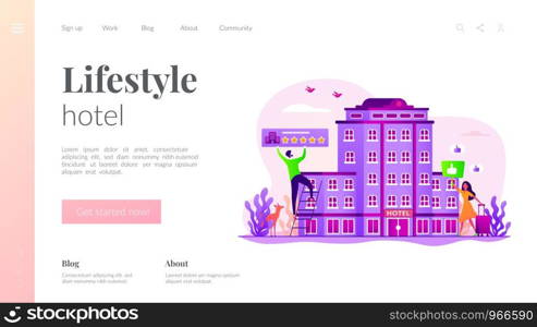 Traveler accommodation, apartment and motel booking. Hostel rating and reviews. Lifestyle hotel, modern hospitality trend, cutting-edge hotel concept. Website homepage header landing web page template.. Lifestyle hotel landing page template