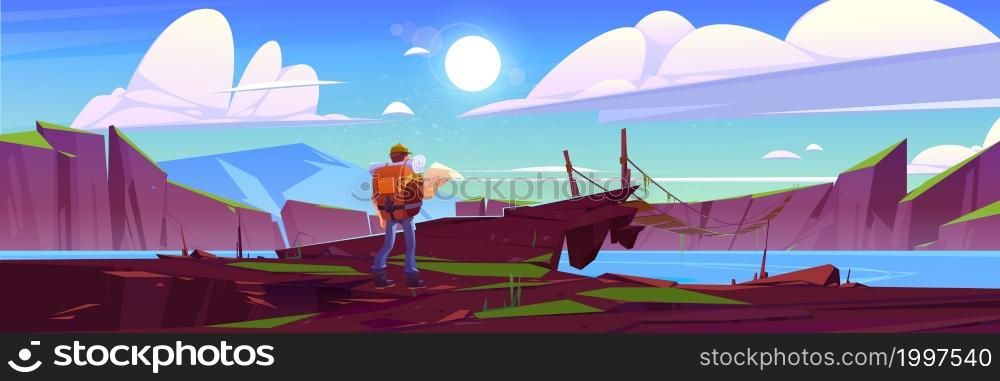 Traveler at suspended old bridge above mountain lake. Tourist with backpack and map learning route stand at rocky landscape with alpine pond. Traveling journey, adventure, Cartoon vector illustration. Traveler at suspended bridge above mountain lake.