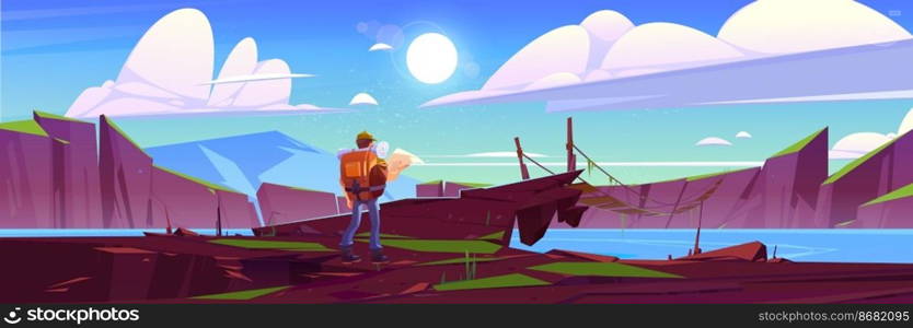 Traveler at suspended old bridge above mountain lake. Tourist with backpack and map learning route stand at rocky landscape with alpine pond. Traveling journey, adventure, Cartoon vector illustration. Traveler at suspended bridge above mountain lake.