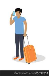 Traveler character icon. Man in casual clothes with trolley suitcase talking on phone template vector illustration isolated on white background. For travel concepts, app, logo, infographic design. Traveler Character Isometric Vector Icon. Traveler Character Isometric Vector Icon