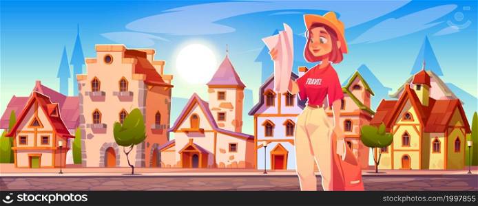 Traveler girl learning map searching way in foreign antique city with half-timbered buildings and paved road. Tourist woman summer vacation travel, character choose route, Cartoon vector illustration. Traveler girl learn map search way in foreign city