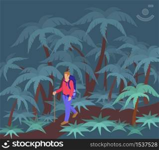 Traveler in night jungle. Man character walking along overgrown jungle trail looking for place flat overnight hiking backpack red resistant shirt extreme vector trip against gloomy green palm trees.. Traveler in night jungle. Man character walking along overgrown jungle trail looking for place flat overnight.