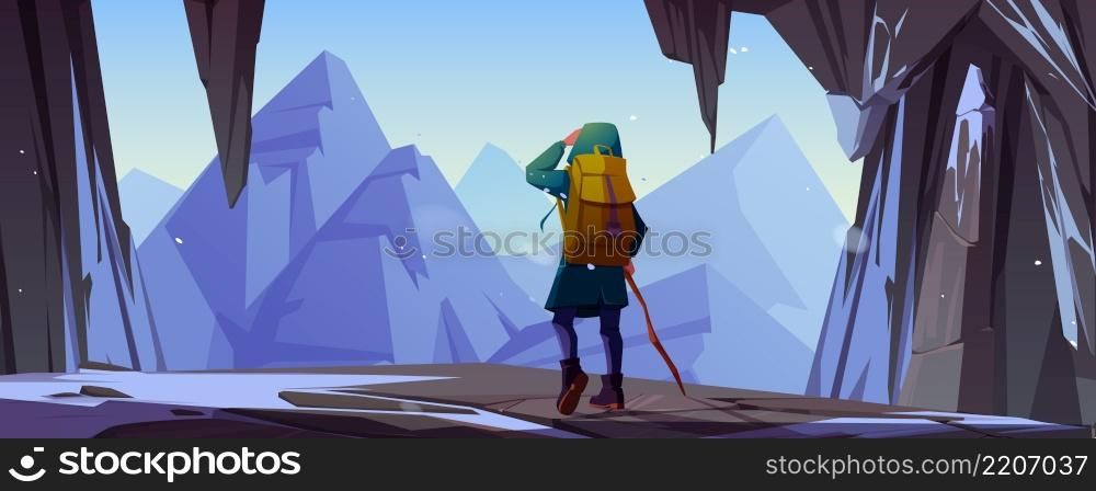 Traveler man at mountain cave entrance rear view. Tourist with backpack and staff stand at rocky snowy landscape looking on far peaks. Hiking travel adventure, extreme Cartoon vector illustration. Traveler man at mountain cave entrance rear view