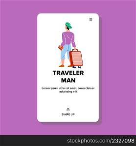Traveler Man Going On Summer Vacation Trip Vector. Young Traveler Man With Suitcase Luggage Walking In Airport Terminal. Character Guy Voyage And Resting Web Flat Cartoon Illustration. Traveler Man Going On Summer Vacation Trip Vector
