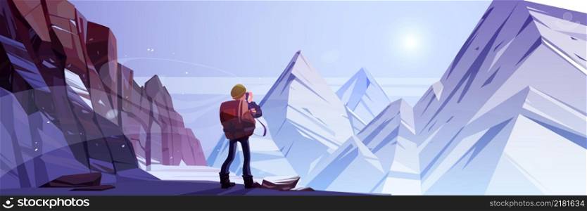 Traveler man shoot winter mountains on photo camera. Hiking travel journey, adventure. Tourist with backpack stand at rocky snowy landscape with peaks. Extreme recreation Cartoon vector illustration. Traveler man shoot winter mountains on camera