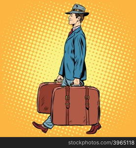 Traveler man with bags pop art retro style. Retro man travels. Travel tourism passenger. Traveler man with bags