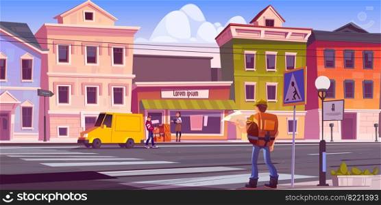 Traveler man with map and backpack on retro city street with antique buildings and porter unload car with alcohol bottles in boxes near store entrance with saleswoman, Cartoon vector illustration. Traveler man with map and backpack on city street
