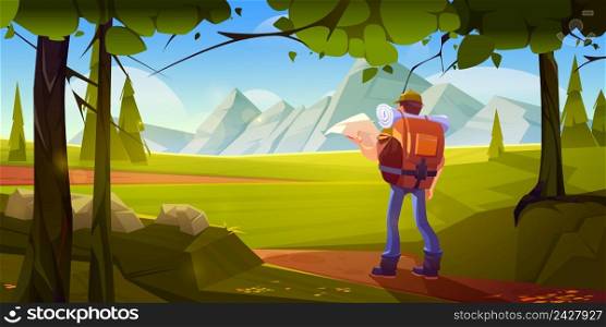 Traveler man with map stand at beautiful landscape with forest and mountain peaks. Travel journey, hiking adventure. Tourist with backpack searching way or orienteering, Cartoon vector illustration. Traveler man with map stand at beautiful landscape