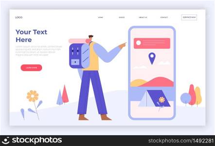 Traveler renting a camp, hiker with backpack choosing the purpose of trip. The application in smartphone for tourists. Landing page template for web projects. Flat vector illustration.