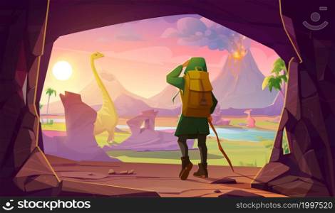 Traveler stand at cave looking on Jurassic era landscape with dinosaurs and erupting volcano. Time travel concept, Prehistoric Earth evolution, fantastic scenery land, Cartoon vector illustration. Traveler stand at cave looking on Jurassic era