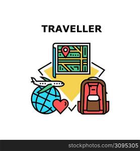 Traveler Trip Vector Icon Concept. Worldwide Traveler Trip And Walking In City For Discovery Landscape. Rucksack Accessory For Traveling On Vacation. Adventure Journey Color Illustration. Traveler Trip Vector Concept Color Illustration